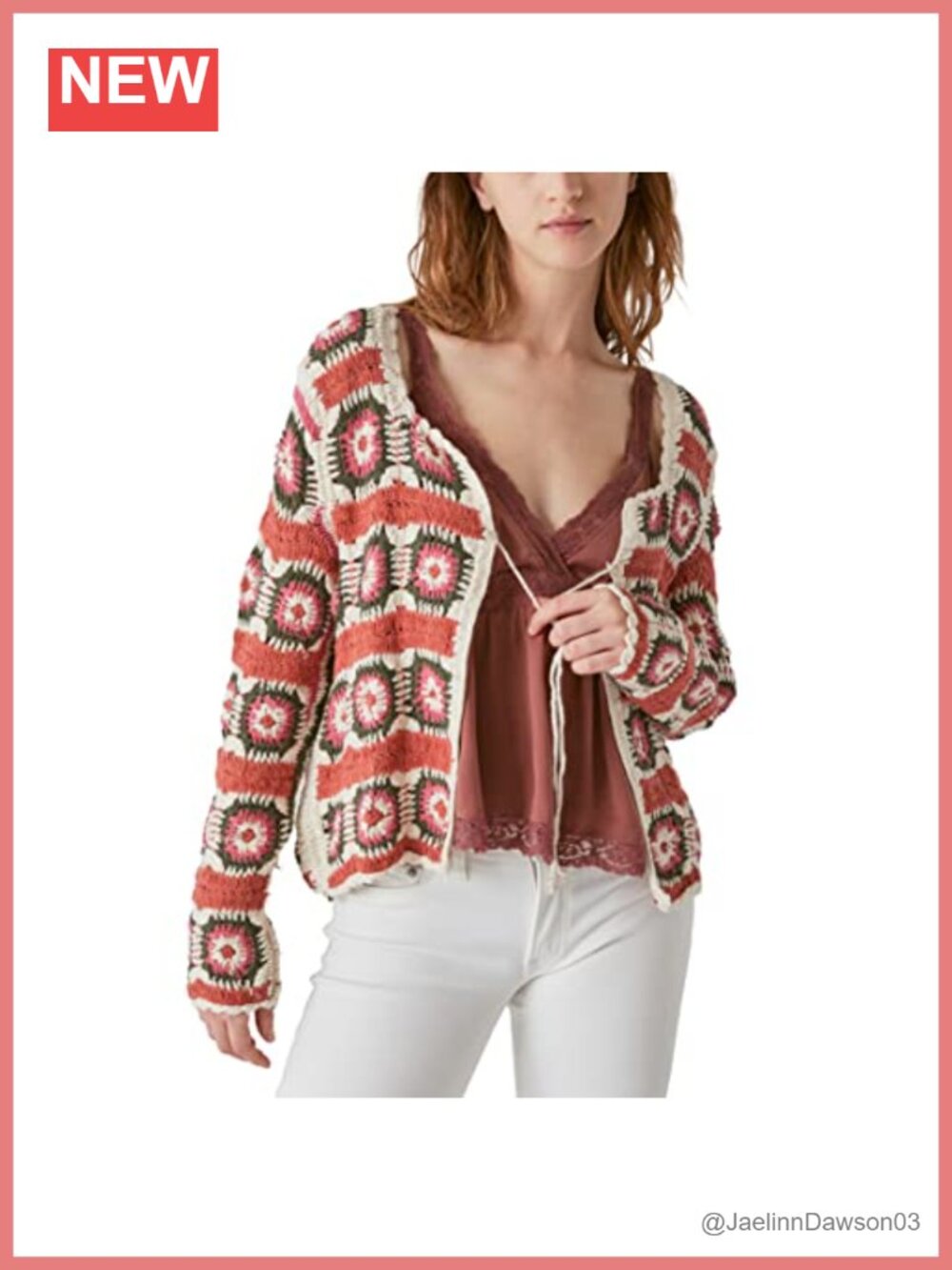 Geo Crochet Cardigan Drawstring Square Neck Long Sleeve